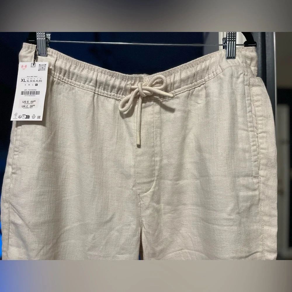 ZARA Relaxed Fit Cream Linen-Blend Drawstring Pants Size XL NWT